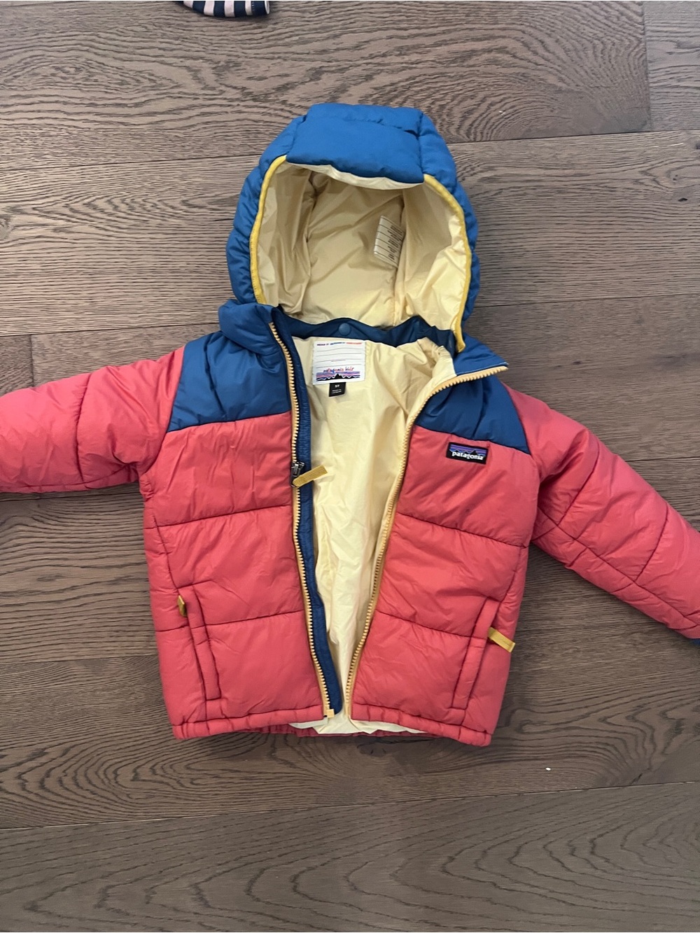 Patagonia Kids Coral and Blue Hooded Puffer Jacket 5T